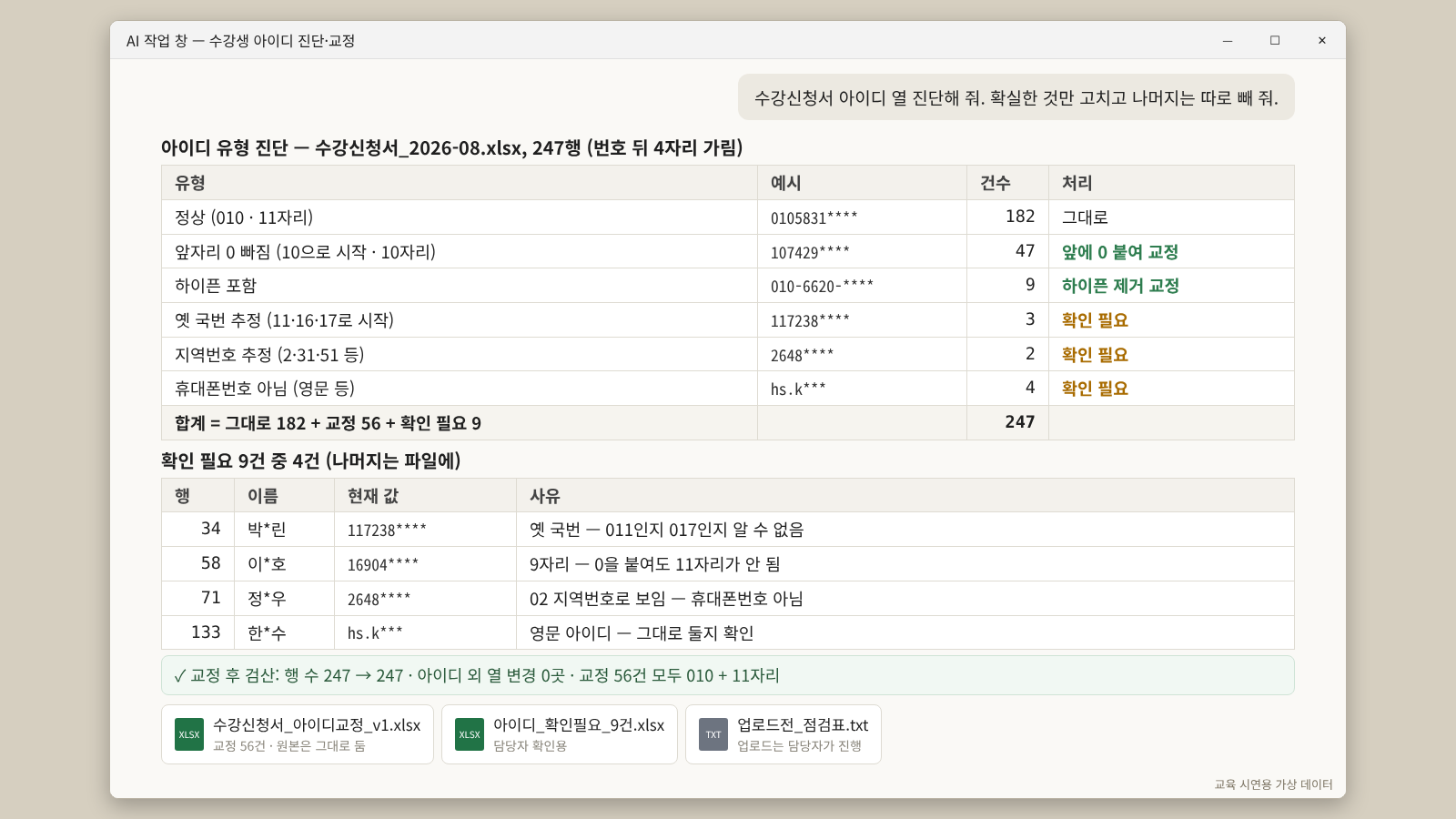 교육 시연용 가상 데이터가 적용된 아이디 유형 진단표와 확인 필요 목록 화면 이미지