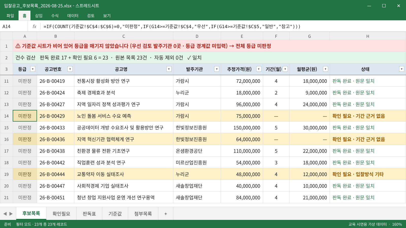 교육 시연용 가상 데이터가 적용된 입찰공고 후보목록 화면 이미지