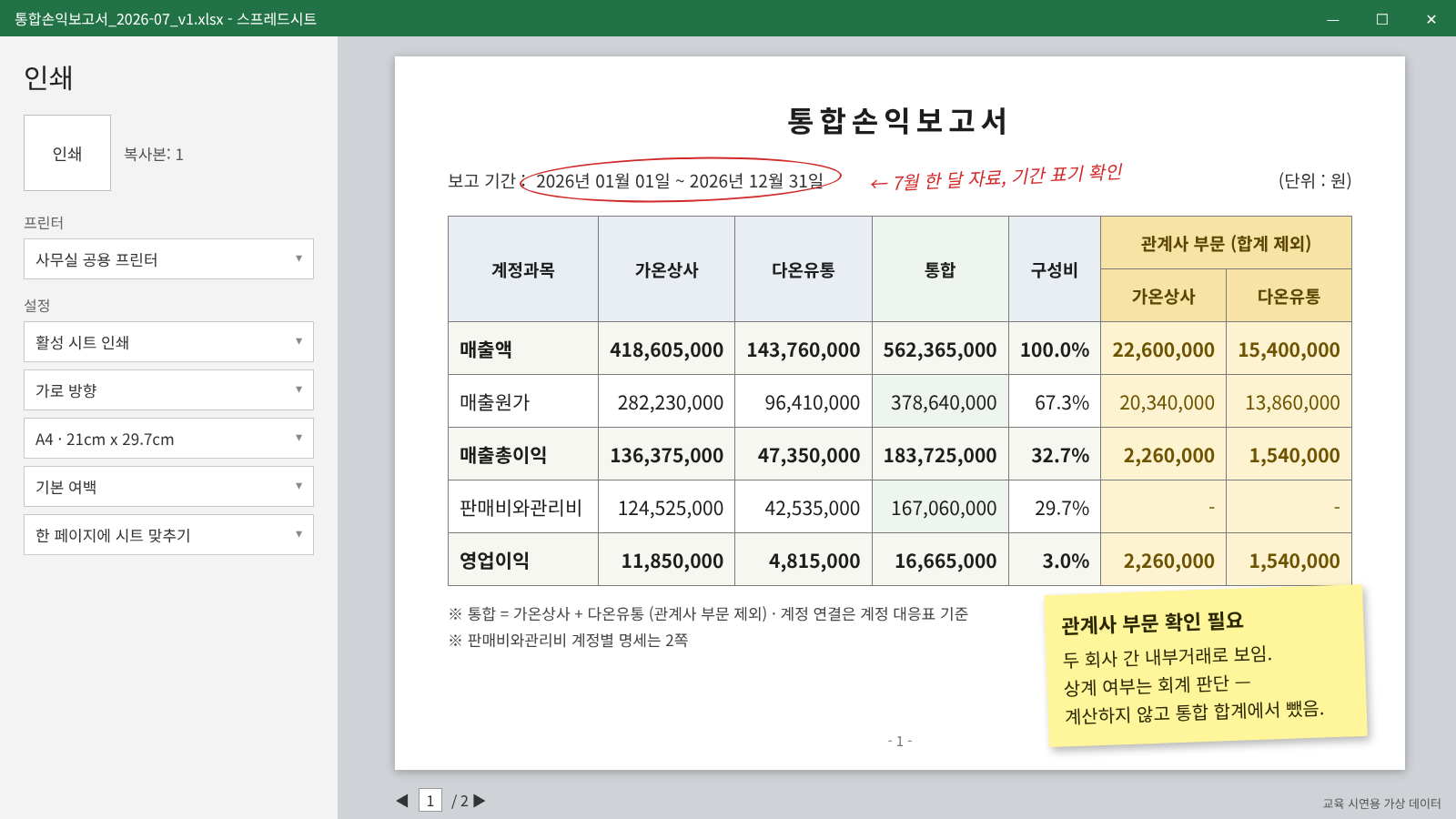 교육 시연용 가상 데이터가 적용된 통합손익보고서 내부거래 확인 필요 표시 화면 이미지